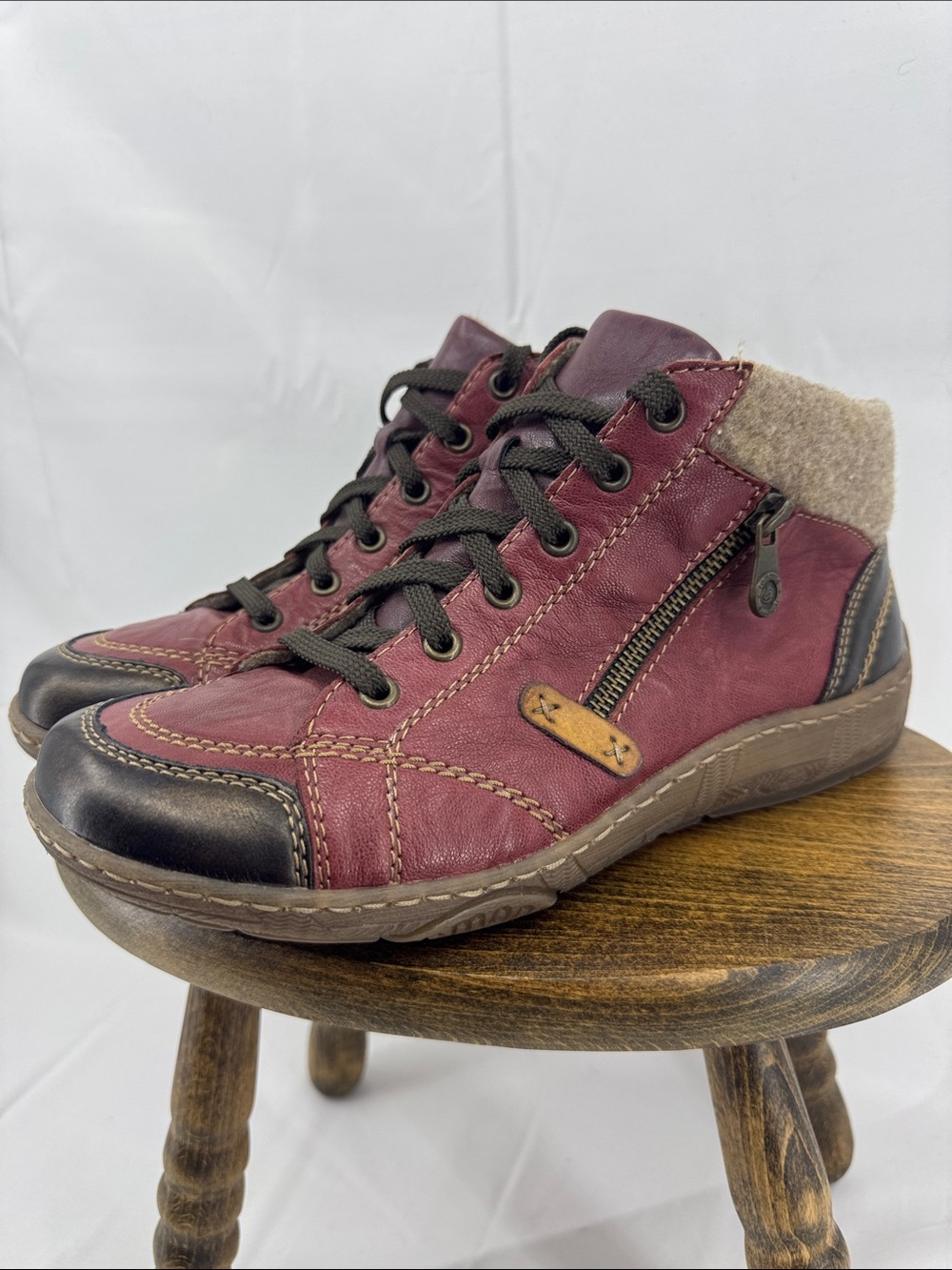 Remonte Womens R1467-35 Burgundy Combo Leather Ankle Zip Boots, sz 41